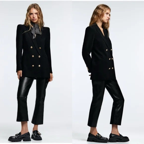 New Zara Black Shoulder Pad Double Breasted Blazer - Picture 13 of 16